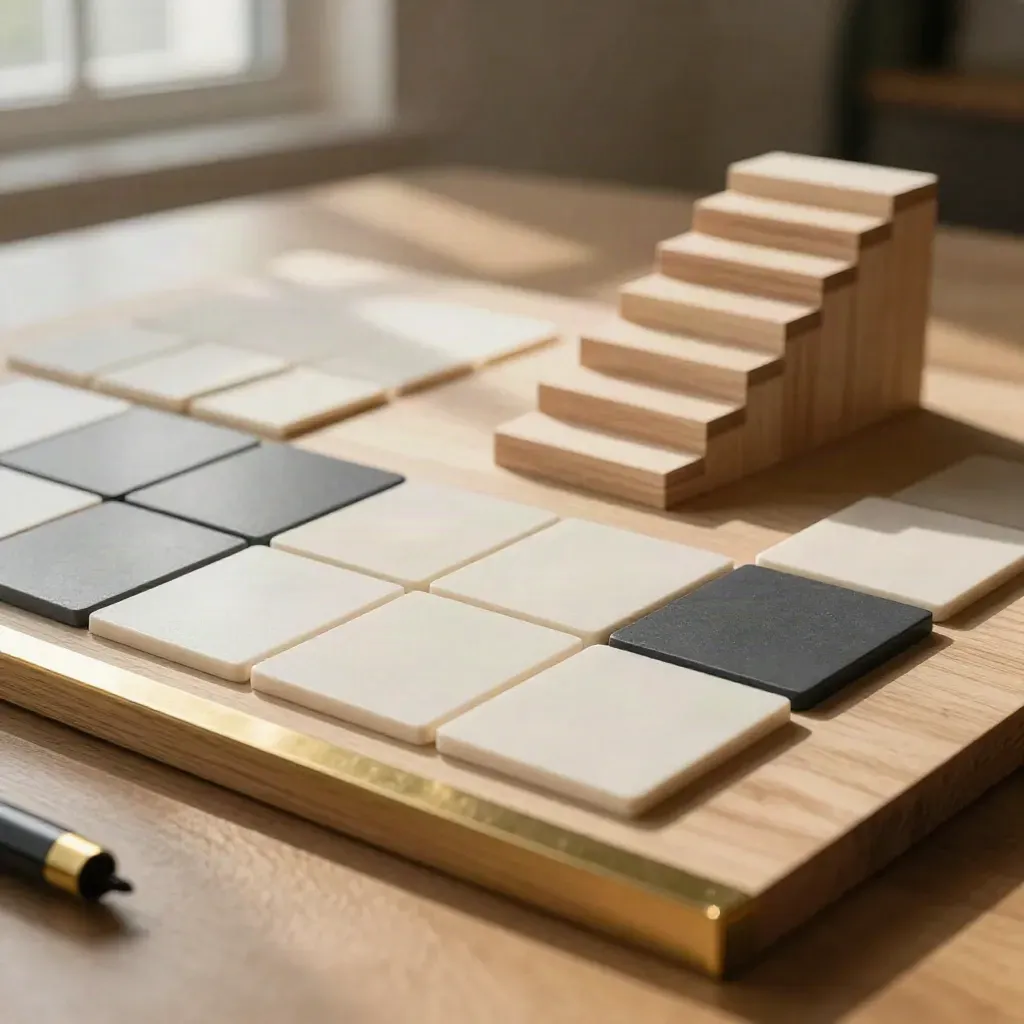 Dettaglio macro di un piano di business in legno chiaro con tasselli, ottone e scaletta di crescita.
