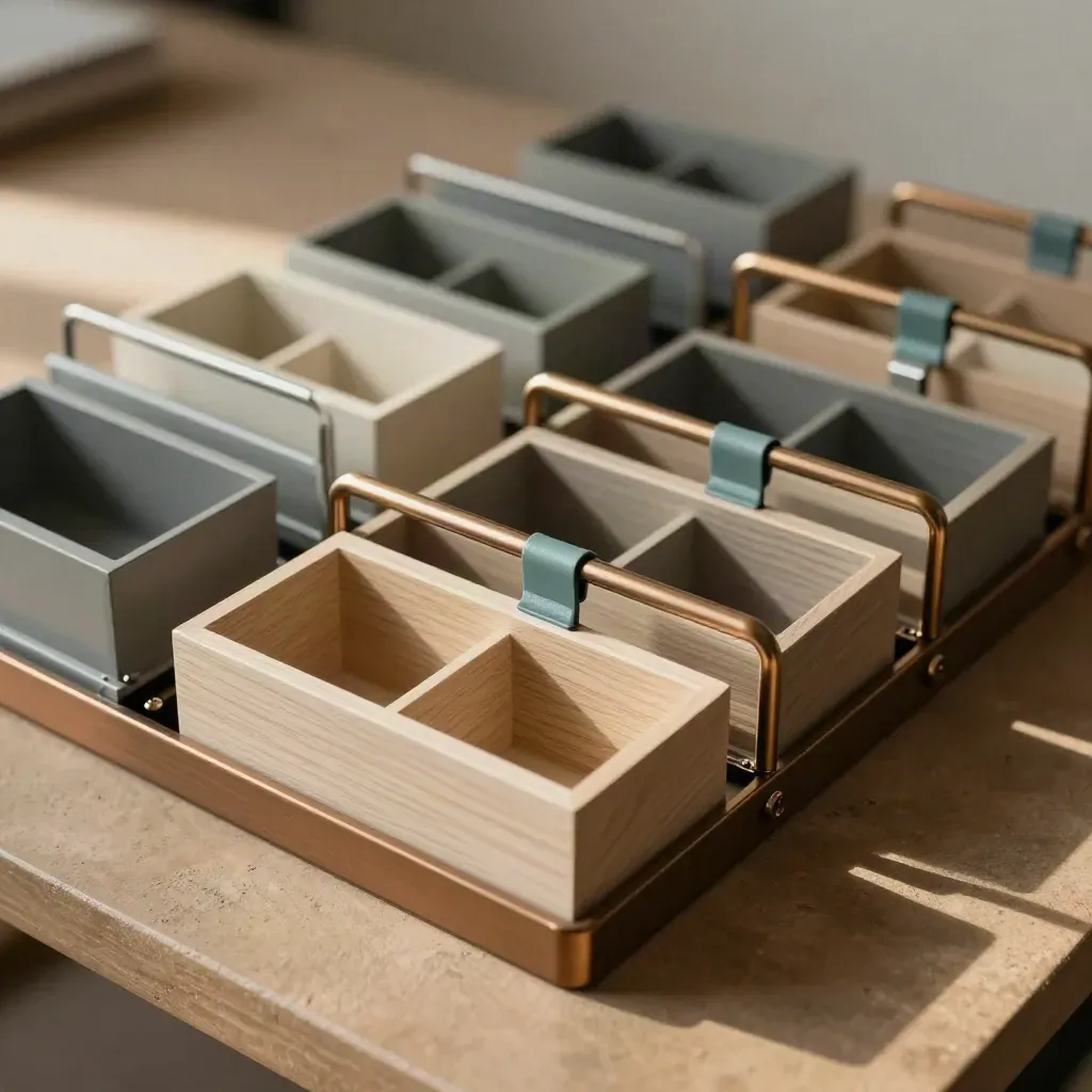 Vassoi modulari e scomparti ordinati su banco industriale, luce radente e accento teal.