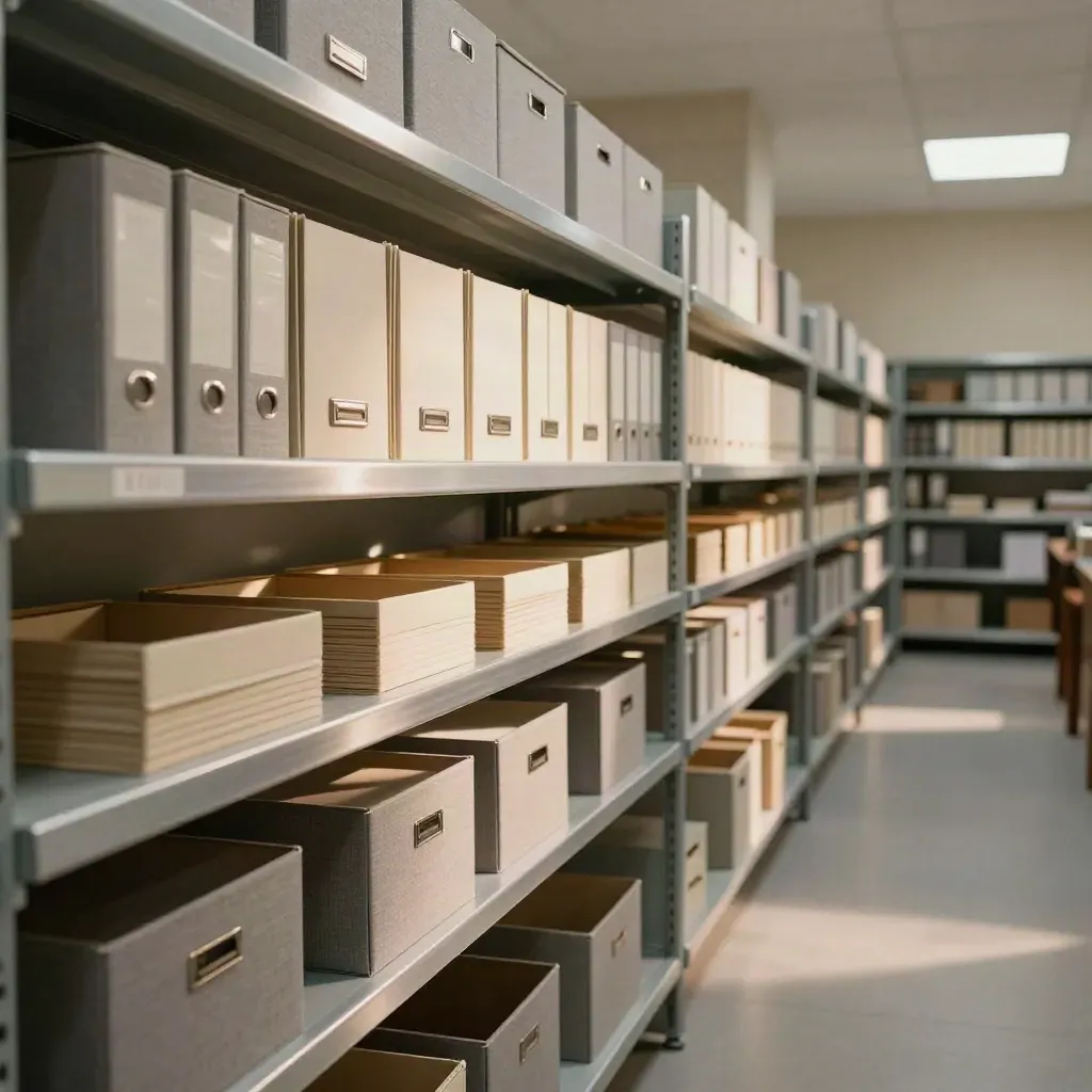 Archivio fiscale ordinato con scatole neutre e cartelline allineate lungo una corsia luminosa.