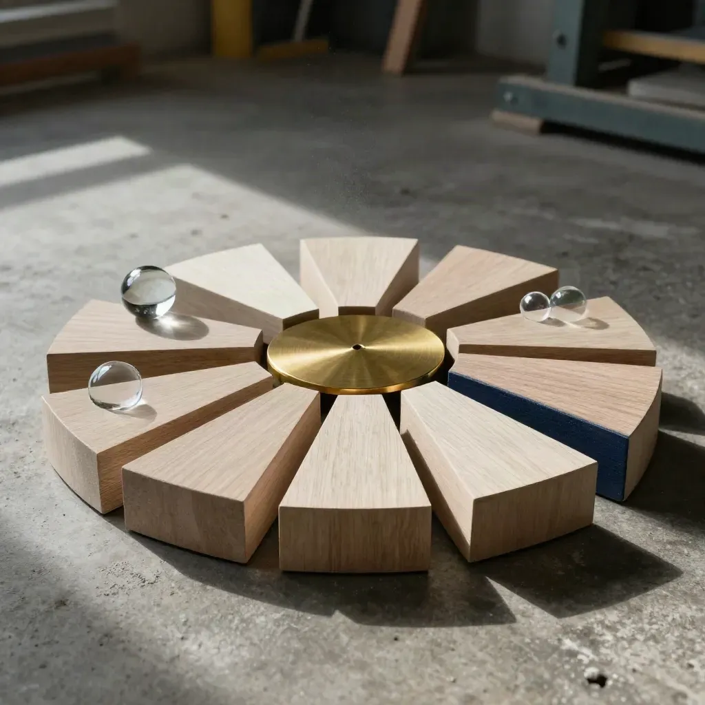 Cluster di tile, blocchi di legno, sfere di vetro e disco in ottone su fondo grezzo, luce radente.