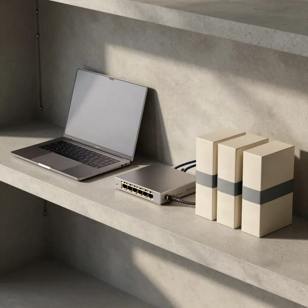 Kit di rollout SaaS su piano in cemento, laptop chiuso, hub e scatole pronte alla consegna.