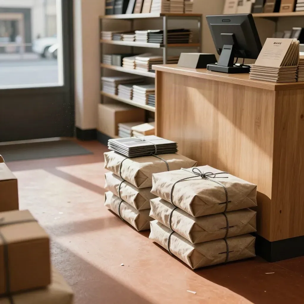 Postazione vendita riordinata con pacchi avvolti, scaffale stock e banco pronto all’uso.