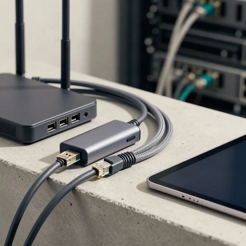 Cavo ethernet arrotolato, router opaco, hub USB e tablet scuro su mensola tecnica.