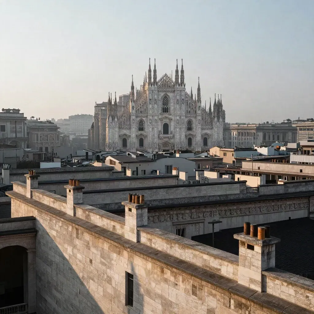 Milano dai tetti all’alba con Duomo e skyline sopra la foschia