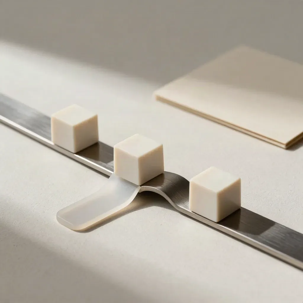 Tab traslucidi e cubi su canale metallico piegato, su fondo chiaro minimale.