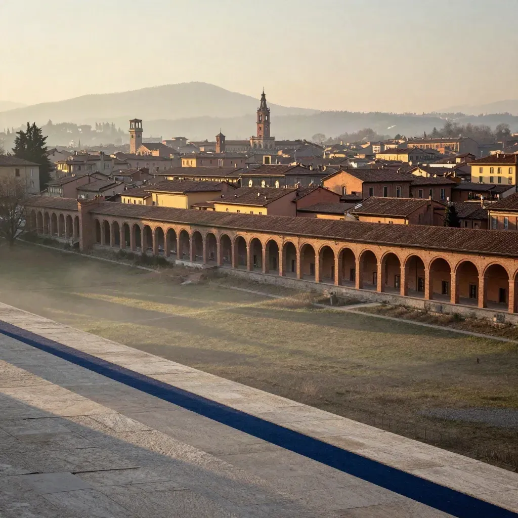 Bologna al tramonto, portici e tetti in cotto nella nebbia su una collina bassa