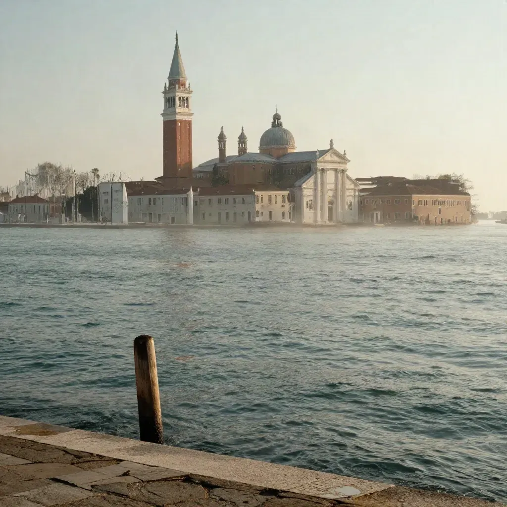 Venezia nella laguna con campanile e cupole alte tra nebbia salina e acqua immobile