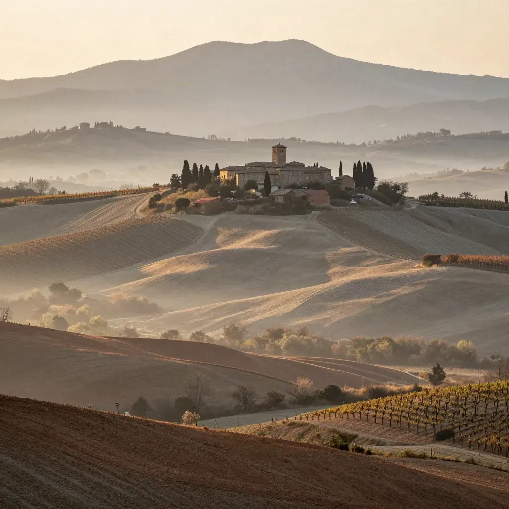 Paesaggio del Piemonte con colline delle Langhe, borgo in crinale e Alpi lontane nella foschia.