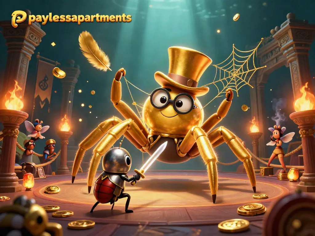 Engage in the adventure of paylessapartments with a golden tarantula and beetle knight in a vibrant casino scene.
